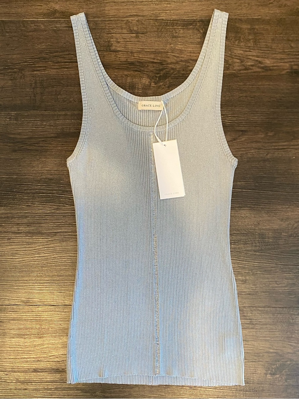 GRACE LING RIBBED-KNIT COLUMN TANK TOP STEEL NEW